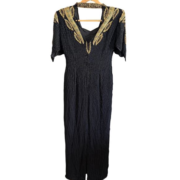80s Vintage Mark and John Black and gold Fully beaded Beaded Silk Gown Medium - Picture 2 of 9